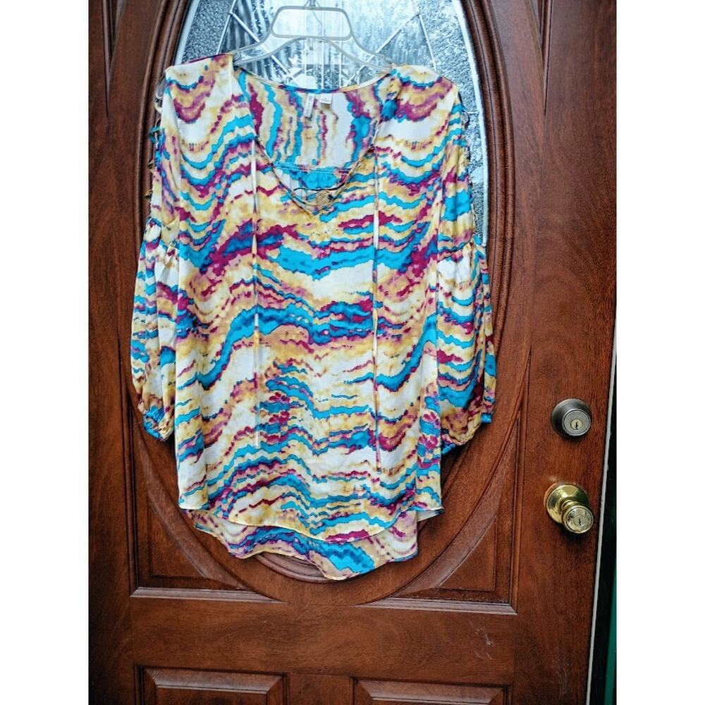 Cato Yellow Tie Dye Blouse V-Neck Colorful Lattice Sleeves Size L